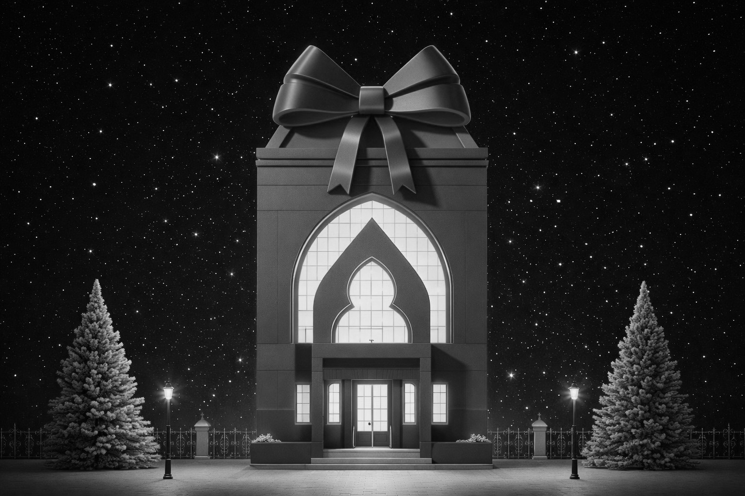 Buon Natale da Dogado. Edificio simbolico avvolto come un regalo di Natale, rappresentazione del valore immobiliare e della visione Dogado